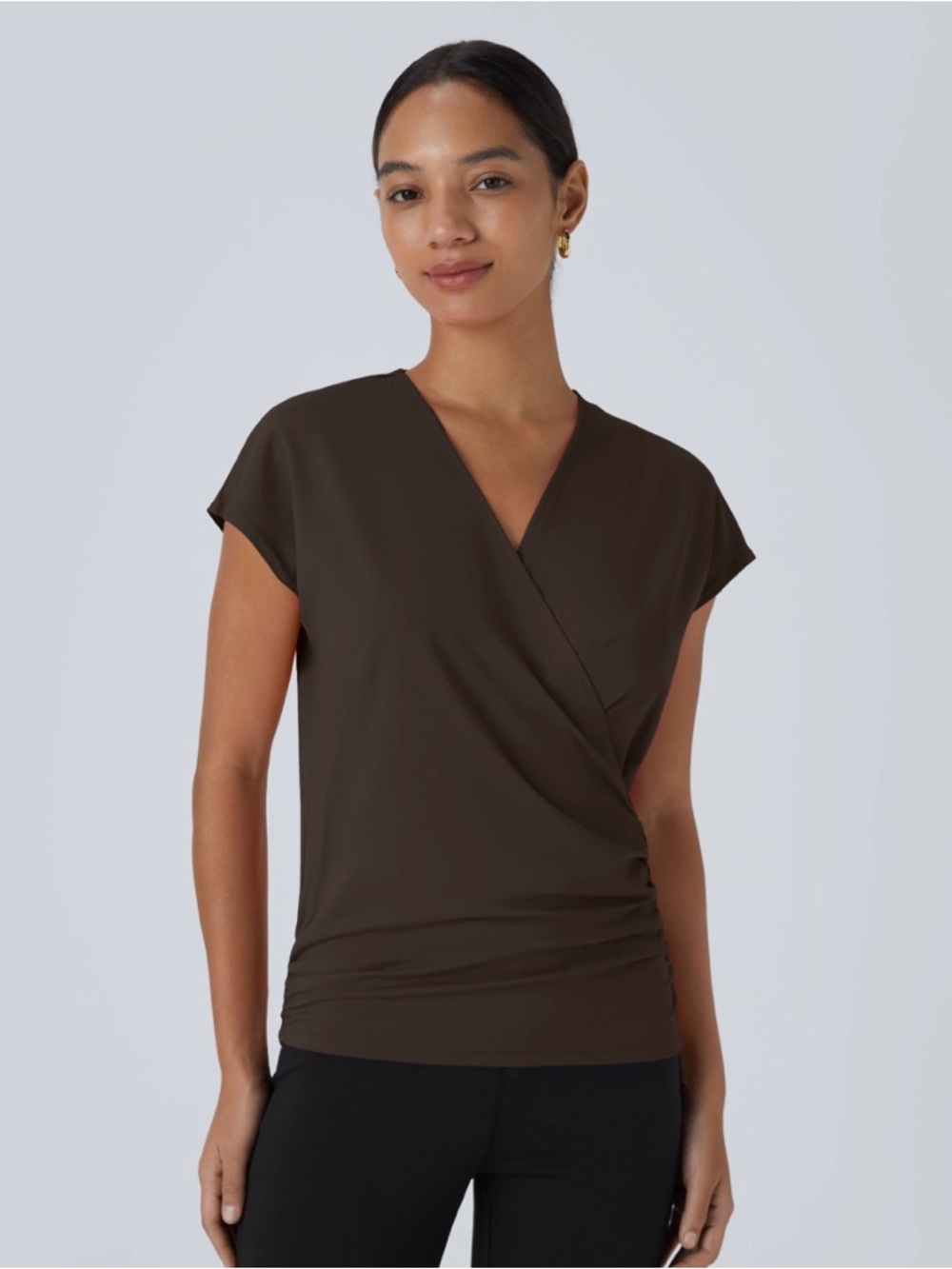 HALARA Brown Wrap-Front Short Sleeve Top